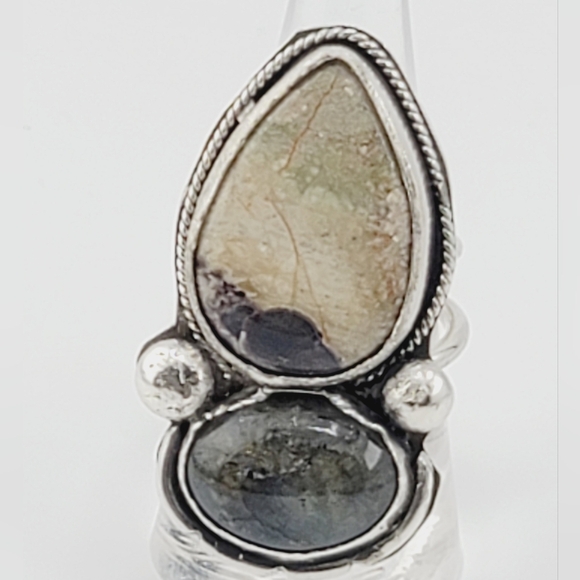 JASPER & LABRADORITE STATEMENT RING HANDMADE IN STERLING SILVER METAL SIZE 8.5 - Picture 2 of 5